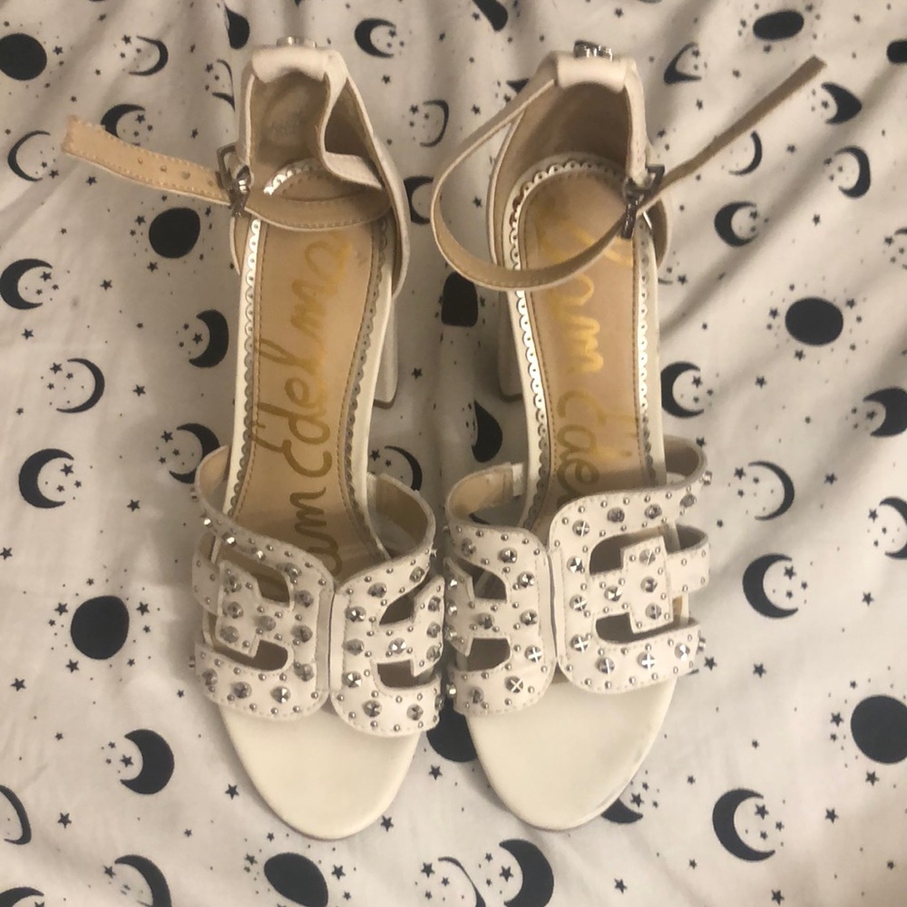 Sam Edelman "Yasha" White Leather Silver Studs Strappy Heeled Sandals Size 5
